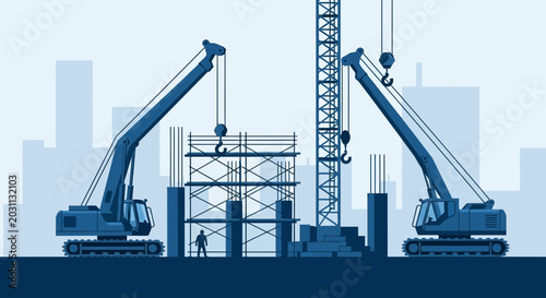 Urban Construction Scene Depicting Cranes, Construction Site and City Skyline Illustration