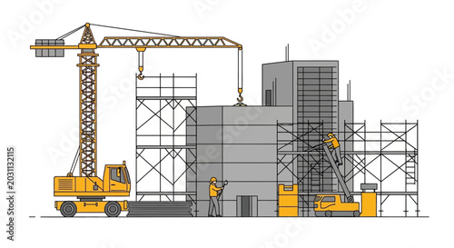 Urban Construction Scene Depicting Modern Architectural Development and Industrial Labor