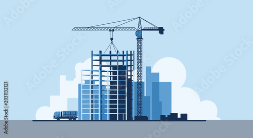 Urban Construction Scene Depicting Modern Architectural Development and Industrial Infrastructure
