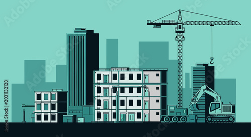 Urban Construction Scene Depicting Modern Buildings And Heavy Machinery Operations