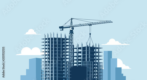 Urban Construction Scene Depicting Modern Tower Crane and City Skyline with Clouds for Future