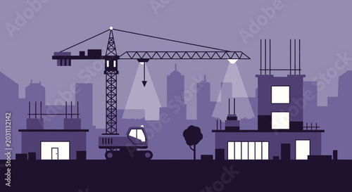 Urban Construction Scene in Purple Hues Depicting Buildings Structures and Industrial Activity