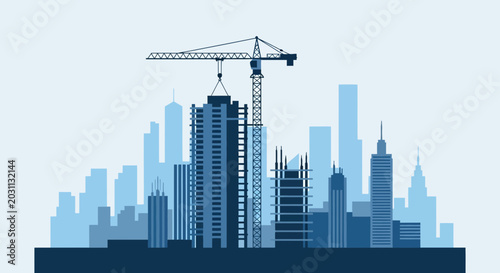 Urban Construction Scene Depicting Skyscrapers and Crane in a Modern Metropolitan Area