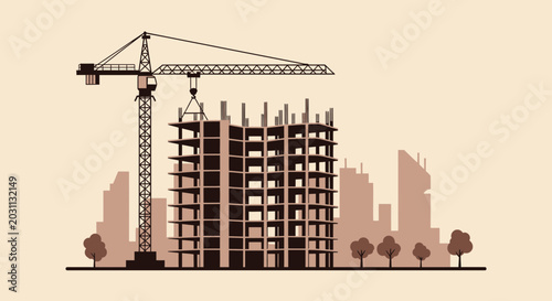 Urban Construction Silhouette Depicting Building Underway And Towering Crane Working to Build