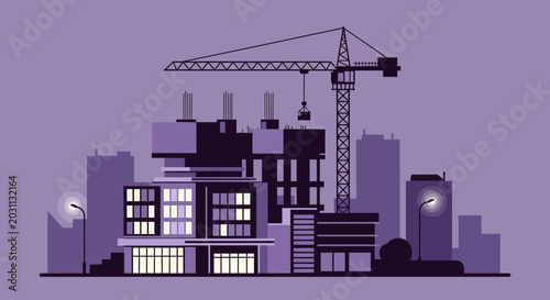 Urban Construction Scene in Silhouette, Buildings and Crane, Vector Illustration