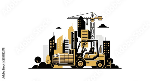 Urban Construction Site: A Forklift Operating With Skyscrapers Under The Crane In Focus