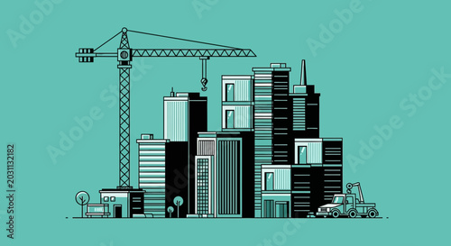 Urban Construction Site: A Modern Cityscape with Buildings and a Tower Crane