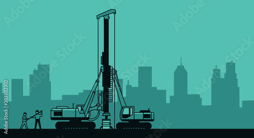 Urban Construction Site Featuring Heavy Machinery and Cityscape Silhouette Design