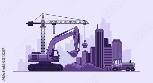 Urban Construction Site Featuring Heavy Machinery and Skyscrapers Against a Colorful Backdrop
