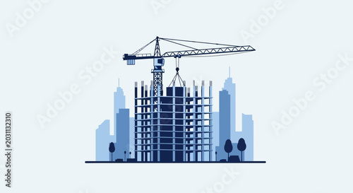 Urban Construction Site Underway Depicting Tower Crane and New Buildings Progression