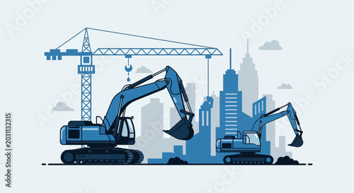 Urban Construction Site Featuring Heavy Machinery and Cityscape Structures Illustration