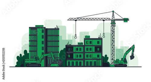 Urban Construction Site: Green Buildings Being Built With Heavy Machinery and Tower Crane
