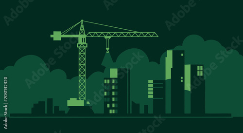 Urban Construction Site Featuring Tower Crane and City Skyline In Silhouette