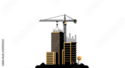 Urban Construction Site Featuring Modern Skyscrapers And Tower Crane With Geometric Design