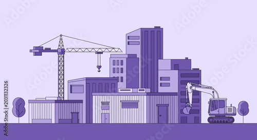 Urban Construction Site Illustration Depicting Buildings, Crane, Excavator, and Trees
