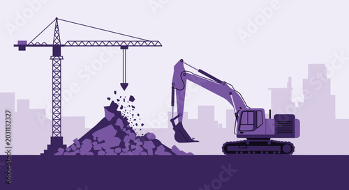 Urban Construction Site: Illustration of Crane, Excavator, and Collapsing Structure