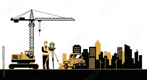 Urban Construction Site Illustrated With Crane, Building, Truck, And Architect Surveying
