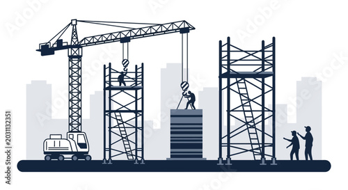 Urban Construction Site Schematic Depicting Building, Machinery, And Labor Activities