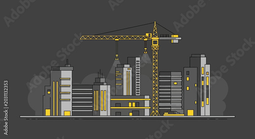 Urban Construction Site Silhouette Featuring a Tower Crane and Modern City Buildings