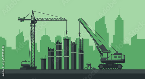 Urban Construction Site: Illustrative Representation Of Skyscrapers And Tower Cranes