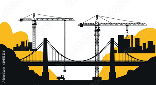 Urban Construction Site Silhouette: Bridge, Cranes, and Cityscape under Development
