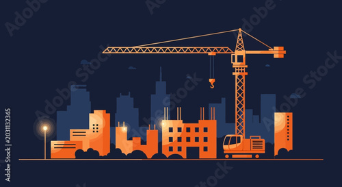 Urban Construction Site Under Evening Sky, With Illustrative Buildings and Crane Details