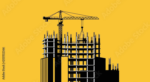 Urban Construction Site Under Construction Depicting Crane and Building Silhouette