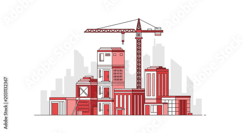Urban Construction Site Under Development With Tower Crane and City Skyline Background