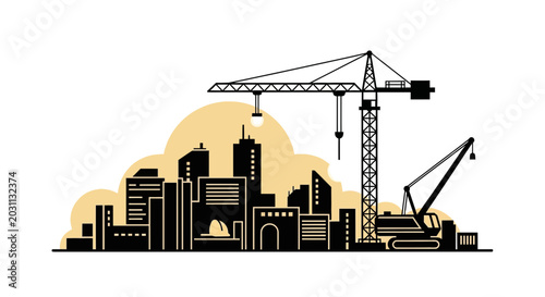 Urban Construction Site Silhouette Depicting Building, Crane, and Skyline in Illustration