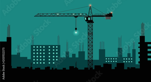 Urban Construction Site Under Night Sky With Modern Crane Silhouette