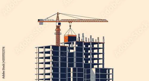 Urban Construction Site Underway Depicting Building Being Erected Using Huge Crane