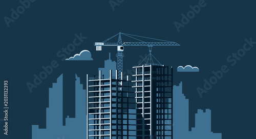 Urban Construction Site Underway Depicting City Buildings and Crane in Abstract Aesthetic