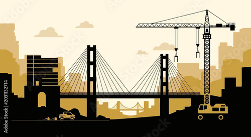 Urban Infrastructure Silhouette Showcasing Bridge Construction and City Development Design