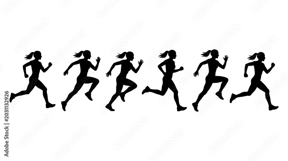 Fototapeta premium Six people running side by side in a straight line with motion fluidity and dynamic movement captured in a single frame on a track