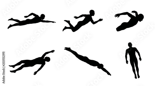 Bilde på lerret People are diving and jumping in various poses in the air with one standing stil
