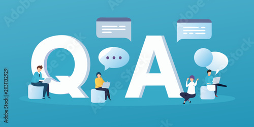 Q and a concept with people working flat vector illustration