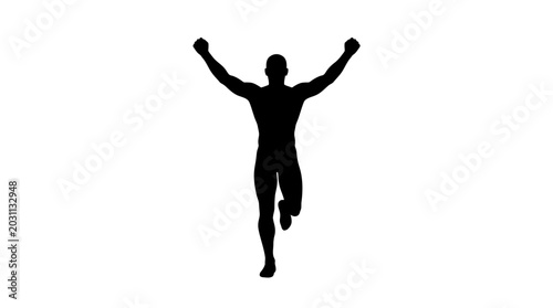 Tableau sur toile A triumphant athlete jumps high with arms raised in celebration on a field at night