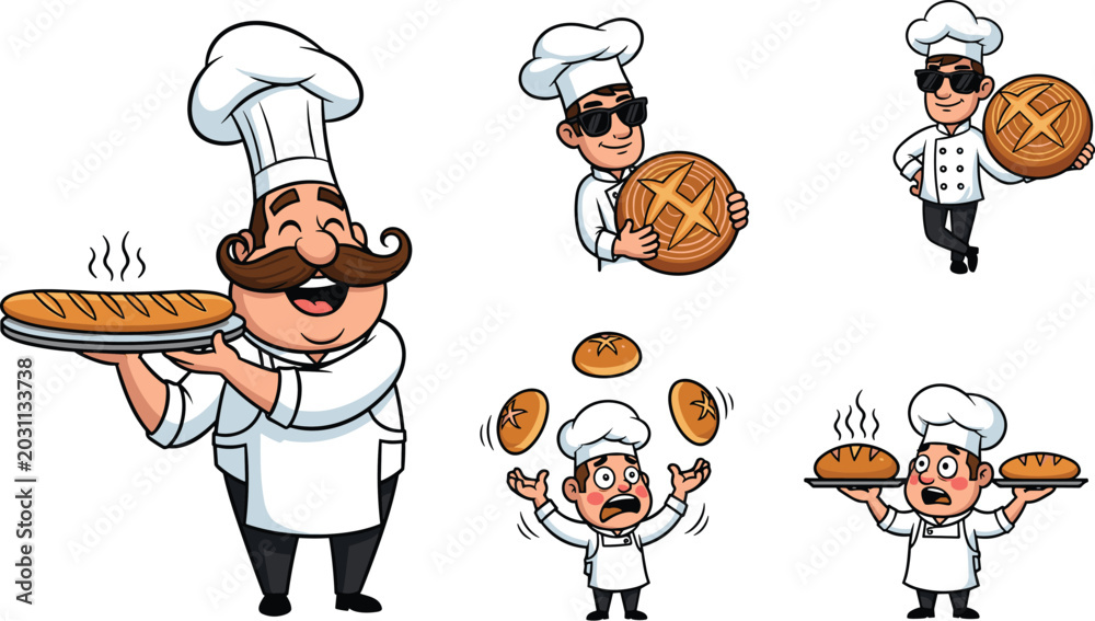 Fototapeta premium Baker Chef Mascot Character Set Featuring Cook with Mustache Holding Fresh Baguette Wearing Sunglasses and Juggling Round Sourdough Bread Vector Illustration