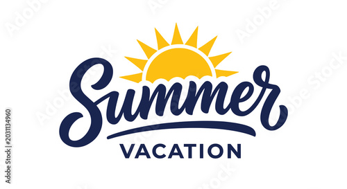 summer vacation lettering with sun illustration yellow and blue