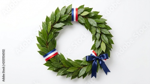 Green leafy wreath with red white and blue ribbons and bow on white background for decoration