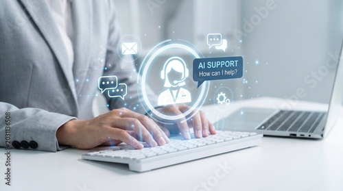 Businesswoman using ai support on computer for customer service and online assistance with chatbot interface