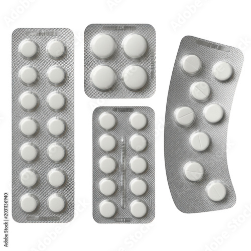 White pills in blister packs isolated on transparent background for medical advertising, pharmacy, and healthcare web design