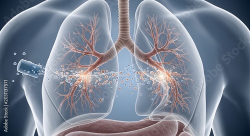 Medical illustration of lungs with inhaled medication.