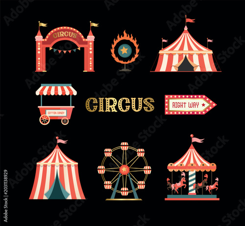 Принти на полотні Vintage circus and funfair graphic elements collection with gold textures