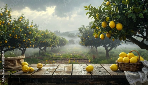 A professional countryside scene featuring a fruitful [LEMON] tree positioned prominently on the right side of the frame. Background filled with additional [LEMON] trees with soft blur and atmospheric