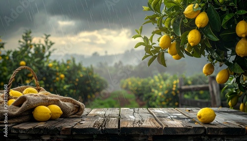 A professional countryside scene featuring a fruitful [LEMON] tree positioned prominently on the right side of the frame. Background filled with additional [LEMON] trees with soft blur and atmospheric