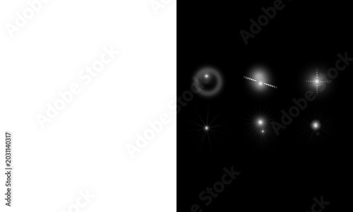 Set of white light effects and lens flares for graphic design and photo overlay, bright sparkling elements