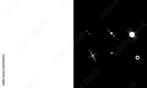 Abstract lens flare light effects for overlay design and graphic backgrounds, bright glowing elements on black