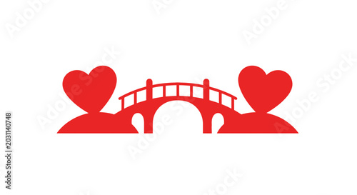 Fotografie Love Bridge Symbol: Red Hearts and Arch Bridge on White Background