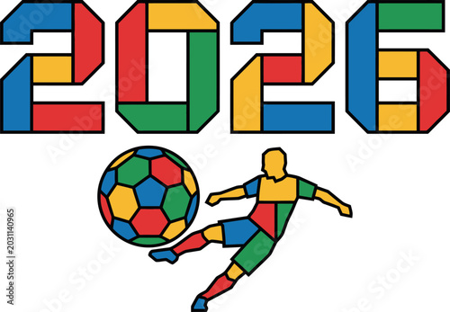 Obraz na płótnie Colorful illustration of soccer player kicking ball with 2026 year numbers